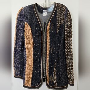 Vintage 1980s Jeanne Marc Jacket Ruched Quilted Metallic Brown Gold Black EUC